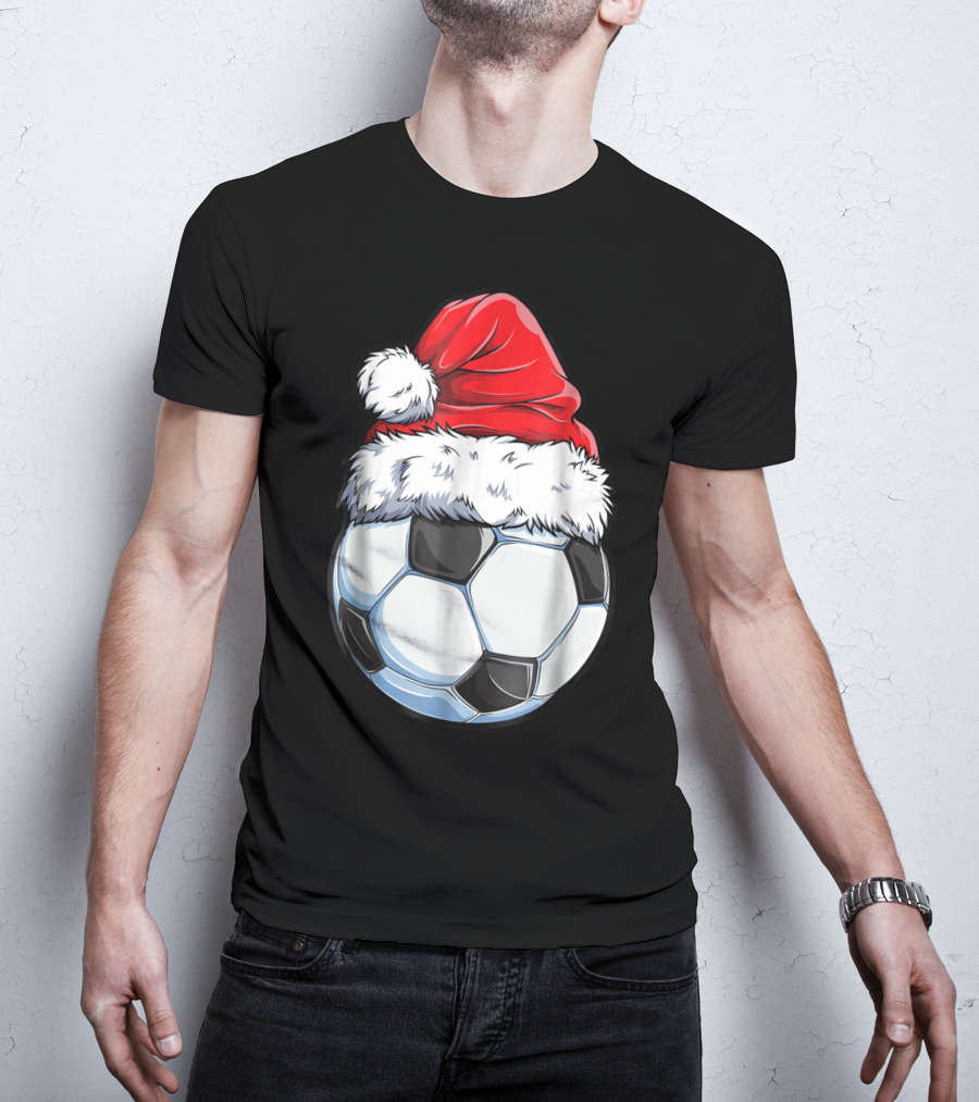 Santa Hat On Soccer Ball Christmas Xmas T-Shirt