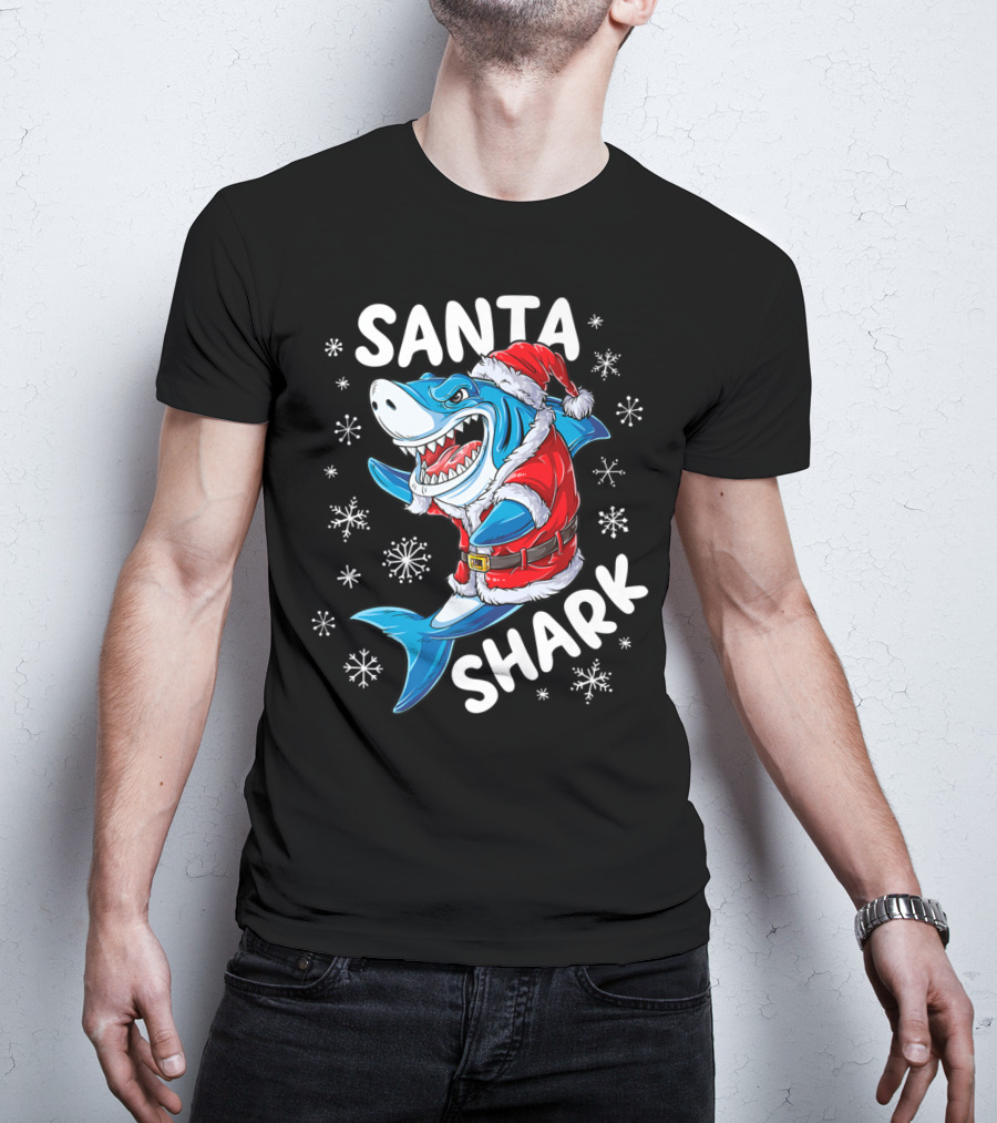 Santa Shark Holiday Cheer Snowflakes T-Shirt