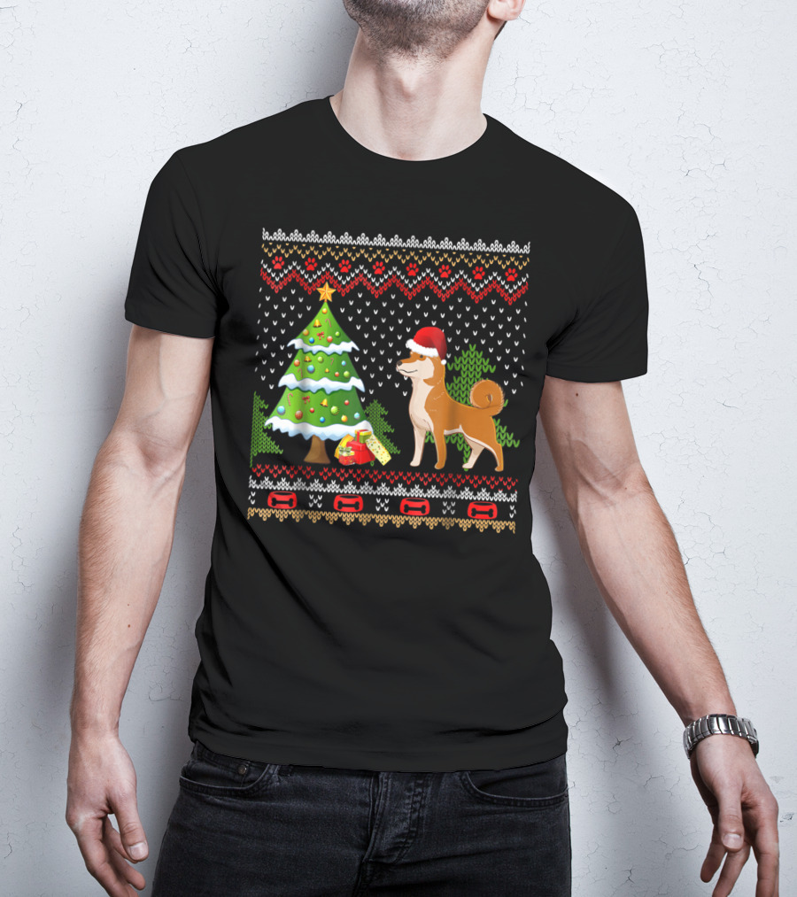 Shiba Inu Santa Christmas Tree Presents UglyDog T-Shirt