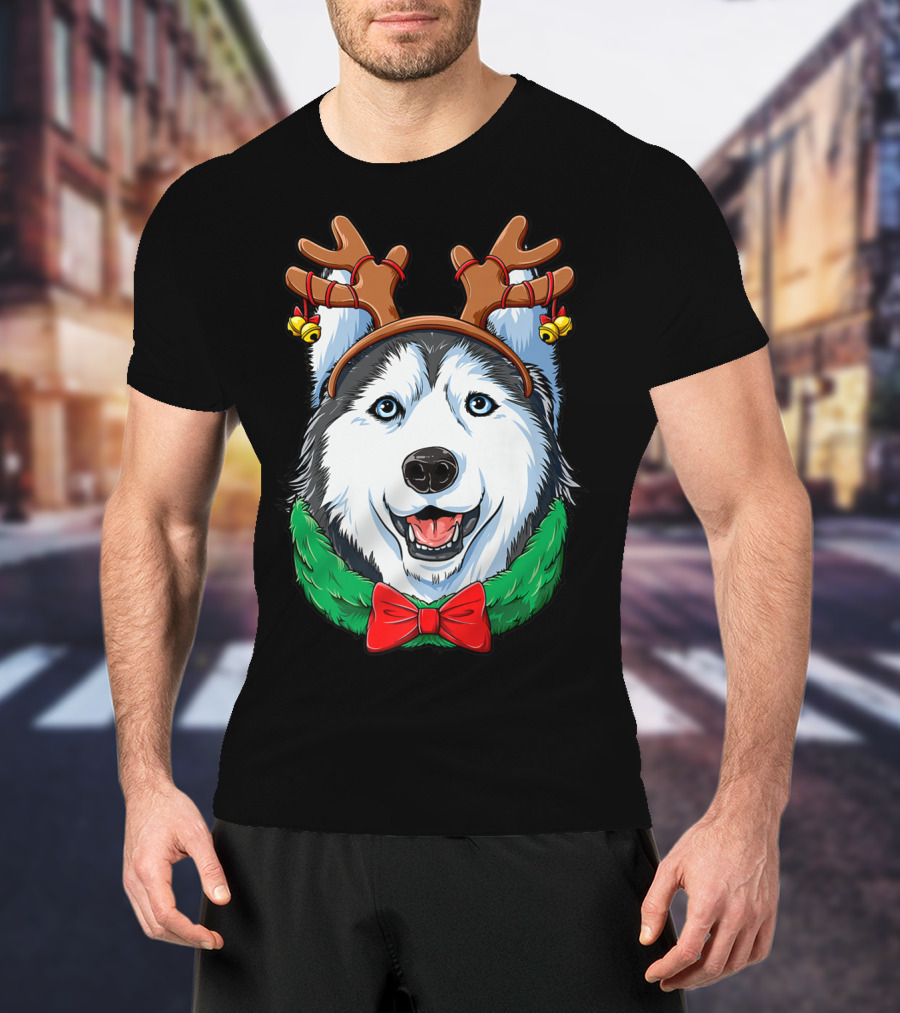 Siberian Husky With Christmas Reindeer Antlers And Festive Bow T-Shirt