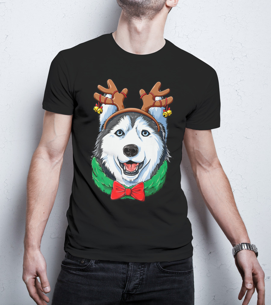 Siberian Husky With Christmas Reindeer Antlers And Festive Bow T-Shirt