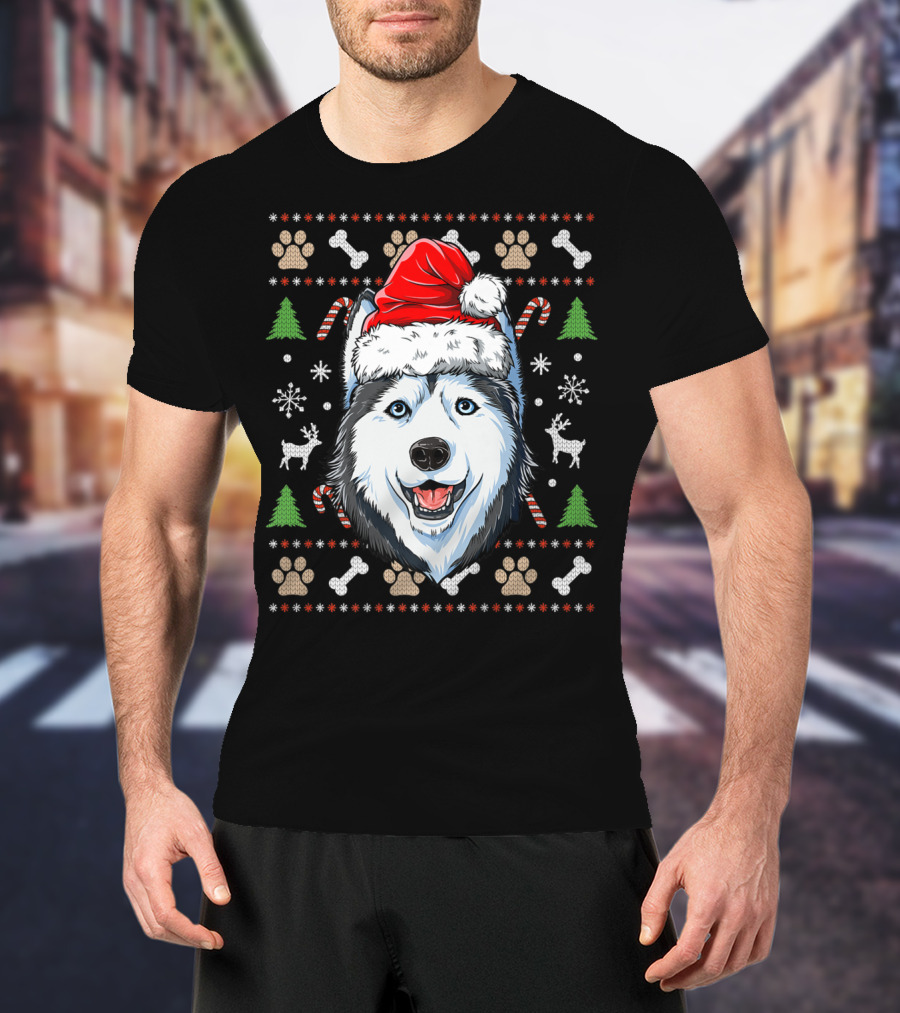 Siberian Husky Santa Hat Snowflakes Candy Canes Christmas Paw Prints T-Shirt