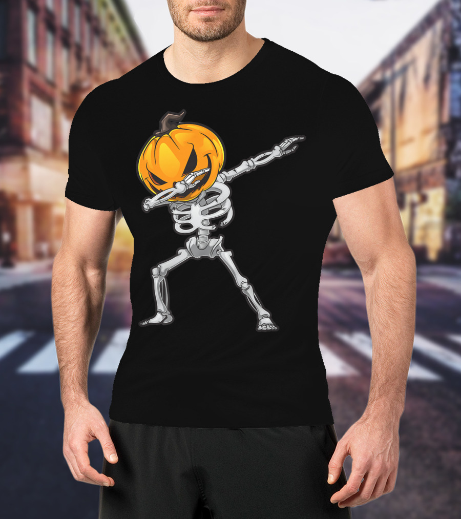 Skeleton Dabbing Halloween Scary Pumpkin Head Dance T-Shirt