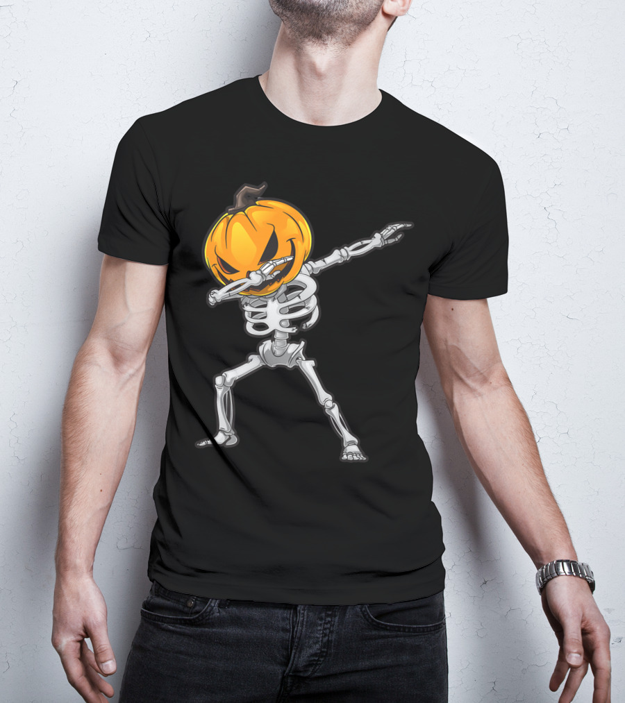 Skeleton Dabbing Halloween Scary Pumpkin Head Dance T-Shirt