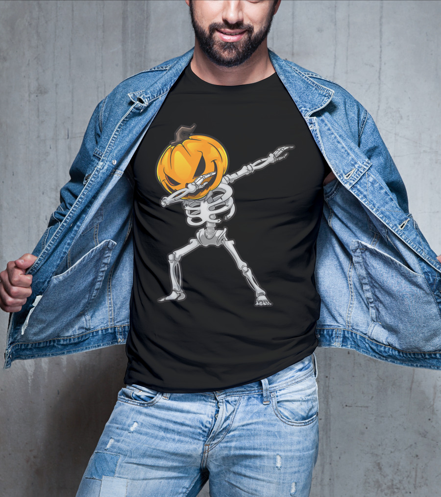 Skeleton Dabbing Halloween Scary Pumpkin Head Dance T-Shirt