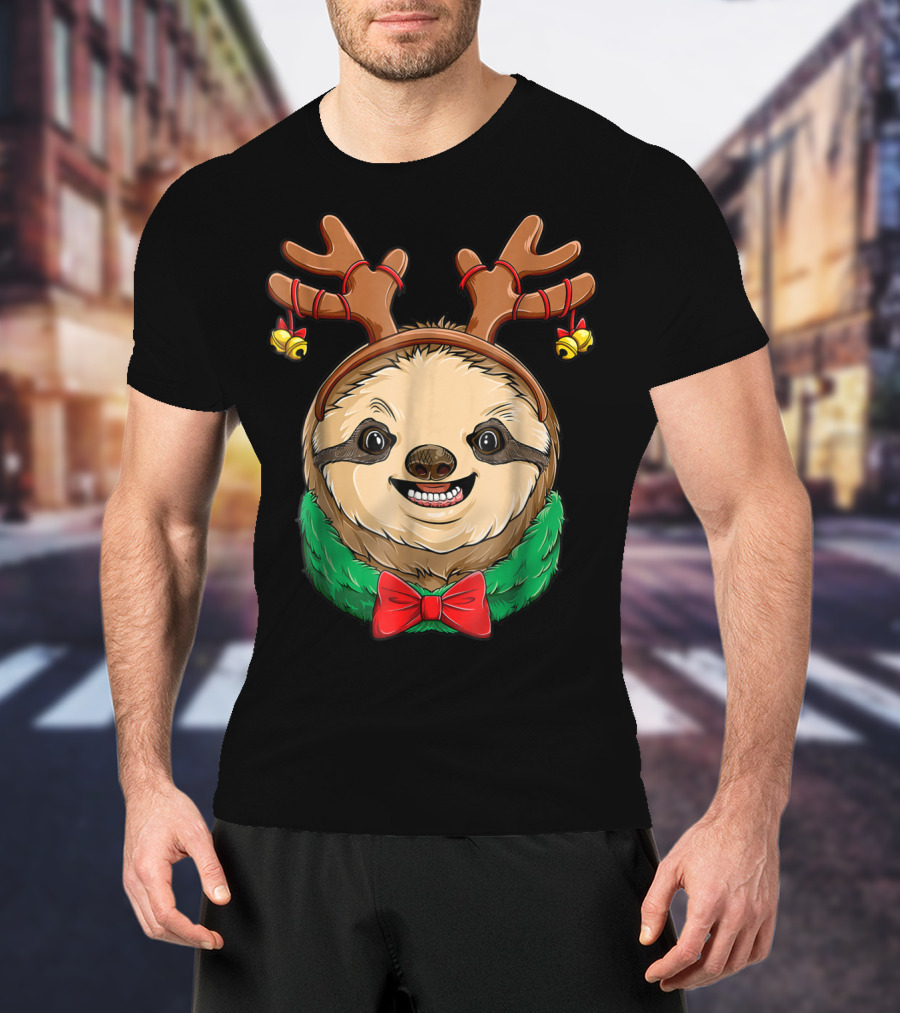 Sloth Christmas Reindeer Antlers Slothmas Xmas Festive Bow And Bells T-Shirt