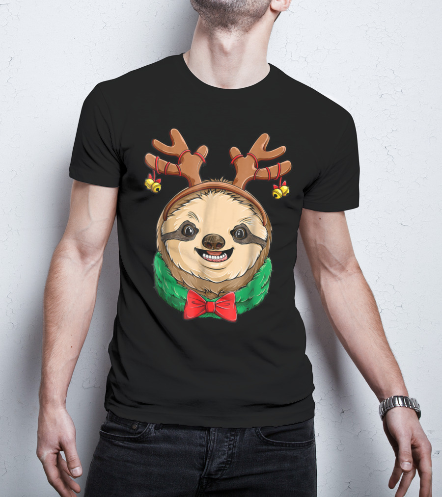 Sloth Christmas Reindeer Antlers Slothmas Xmas Festive Bow And Bells T-Shirt
