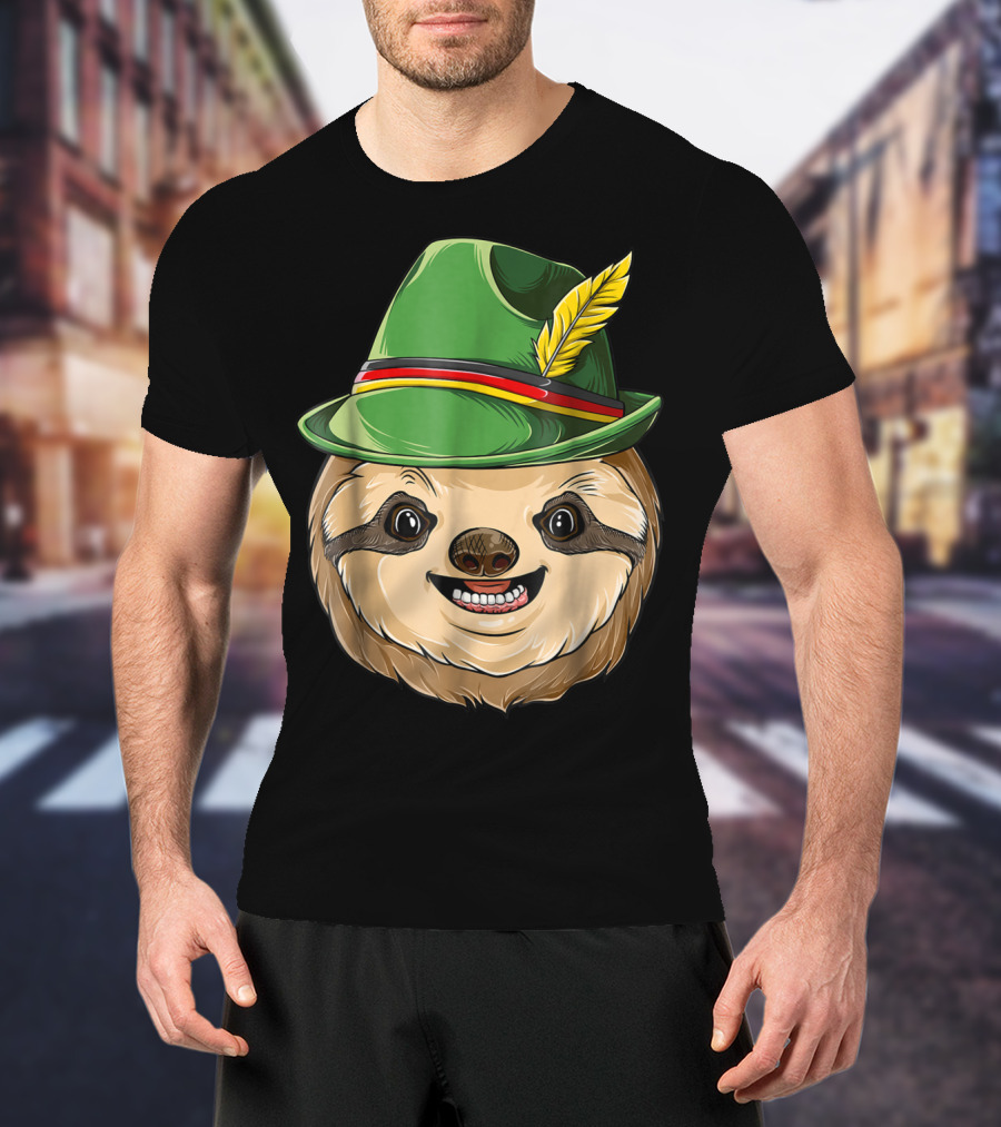 Sloth Oktoberfest Lederhosen Hat With Feather T-Shirt