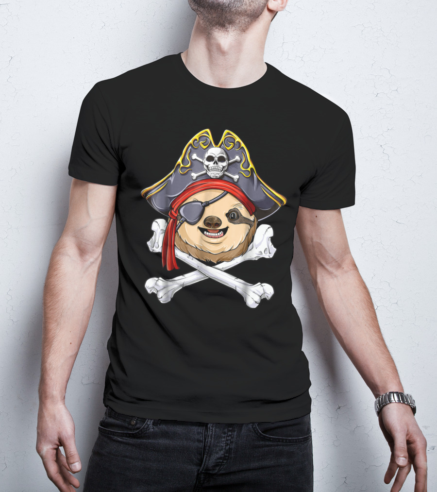 Pirate Sloth With Jolly Roger Skull And Crossbones T-Shirt