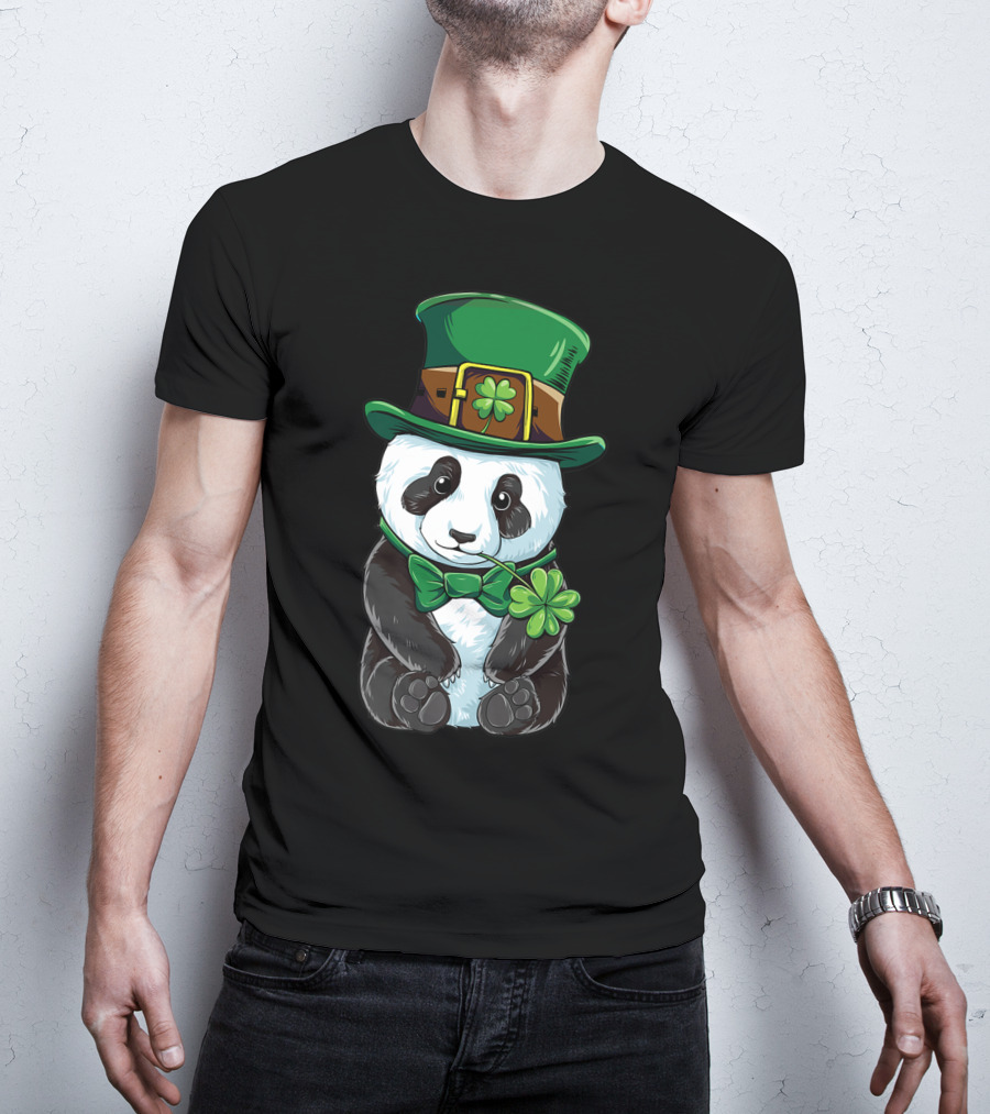 St Patricks Day Leprechaun Panda With Clover Cute Irish T-Shirt