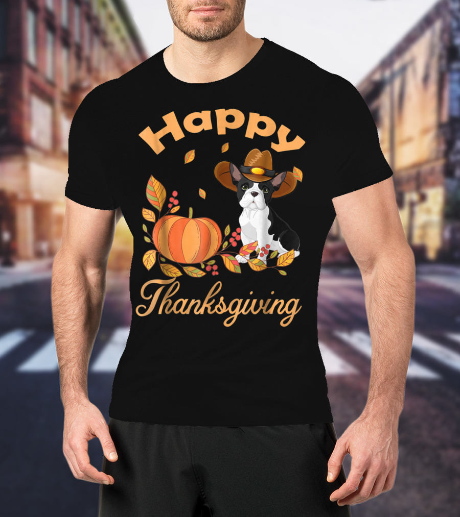Happy Thanksgiving French Bulldogs Pilgrim Pumpkin Leaves T-Shirt