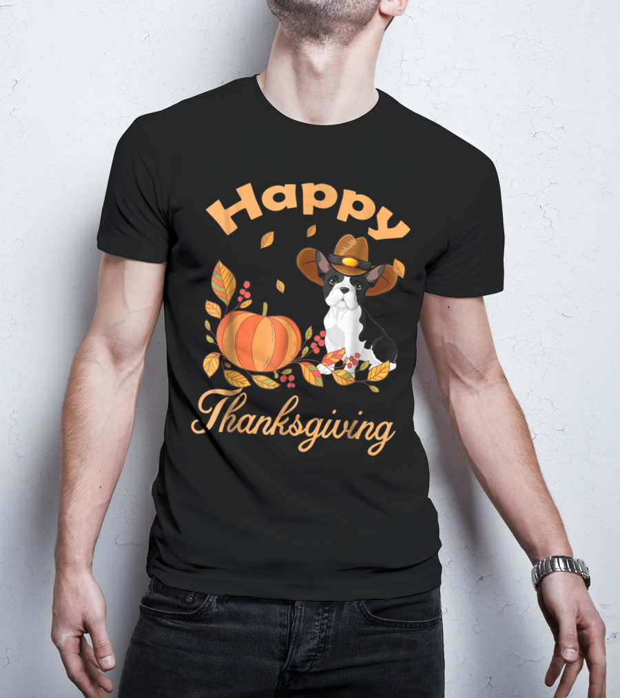 Happy Thanksgiving French Bulldogs Pilgrim Pumpkin Leaves T-Shirt