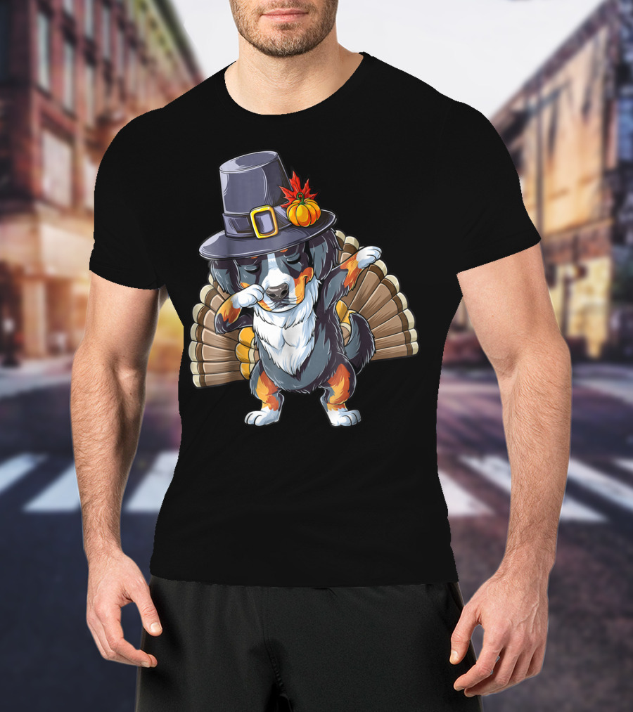 Thanksgiving Dabbing Pilgrim Bernese Mountain Dog Turkey T-Shirt
