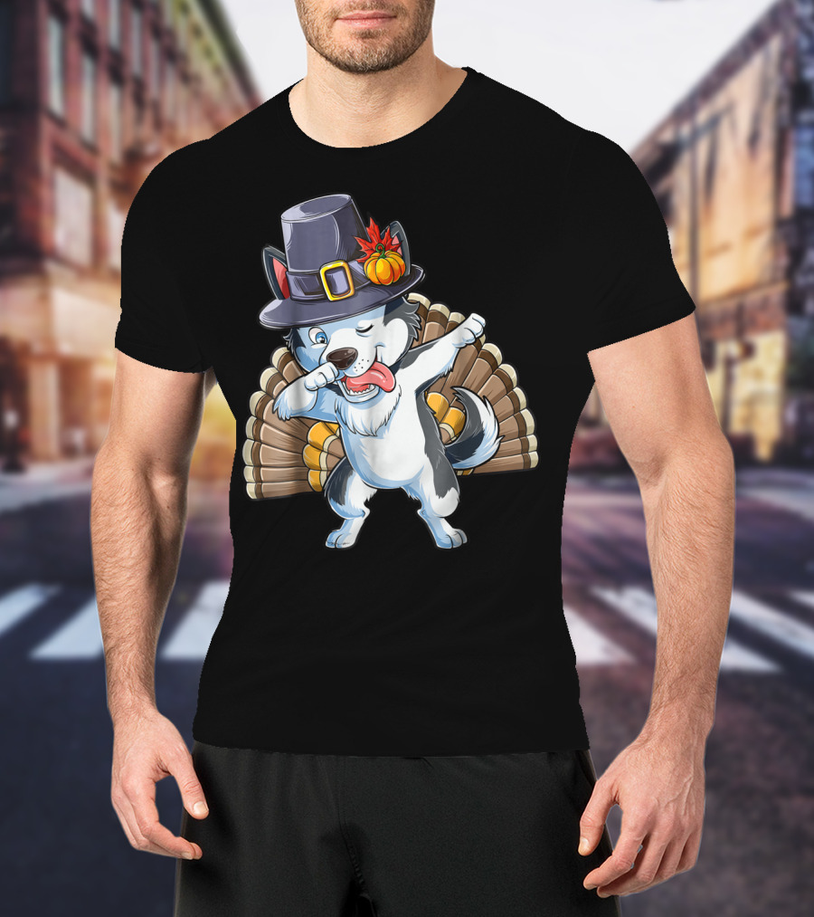 Thanksgiving Dabbing Siberian Husky In Pilgrim Hat With Turkey Feathers T-Shirt