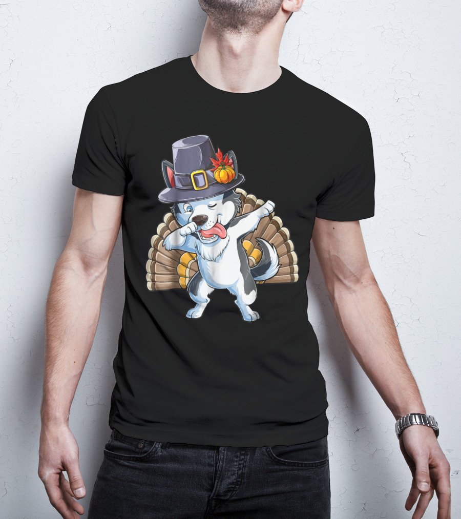 Thanksgiving Dabbing Siberian Husky In Pilgrim Hat With Turkey Feathers T-Shirt