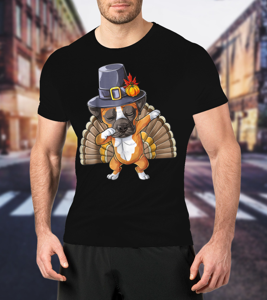 Thanksgiving Dabbing Boxer Turkey Dog In Pilgrim Hat T-Shirt