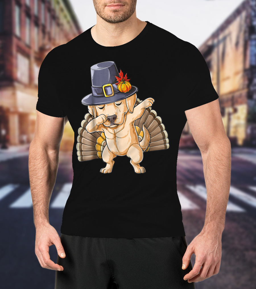 Thanksgiving Labrador Dabbing In Pilgrim Hat With Turkey Feathers T-Shirt