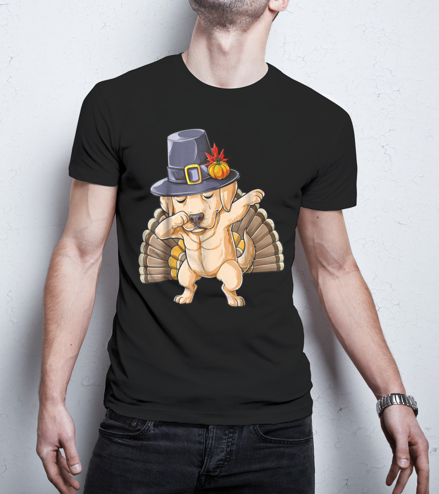 Thanksgiving Labrador Dabbing In Pilgrim Hat With Turkey Feathers T-Shirt