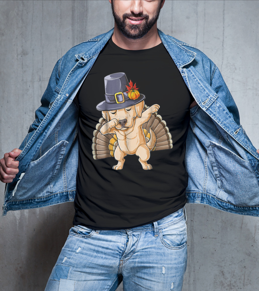 Thanksgiving Labrador Dabbing In Pilgrim Hat With Turkey Feathers T-Shirt
