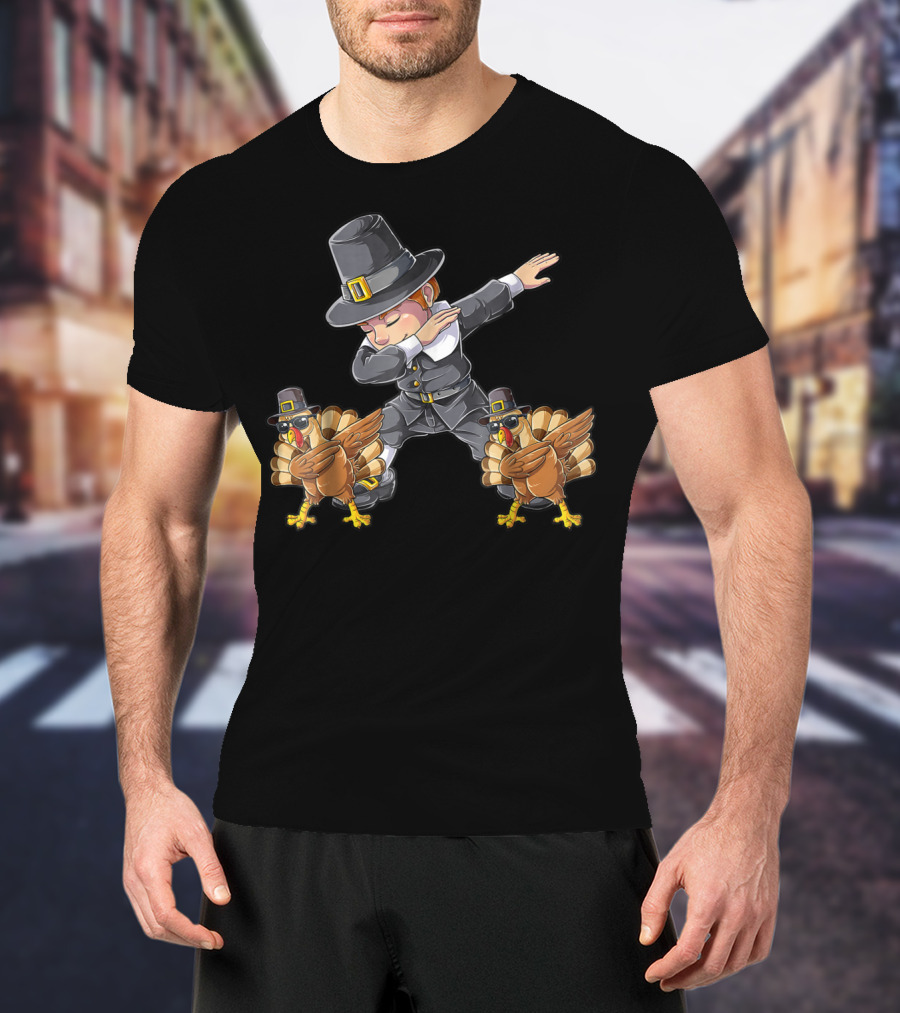 Thanksgiving Dabbing Pilgrim With Turkeys Kids UL T-Shirt