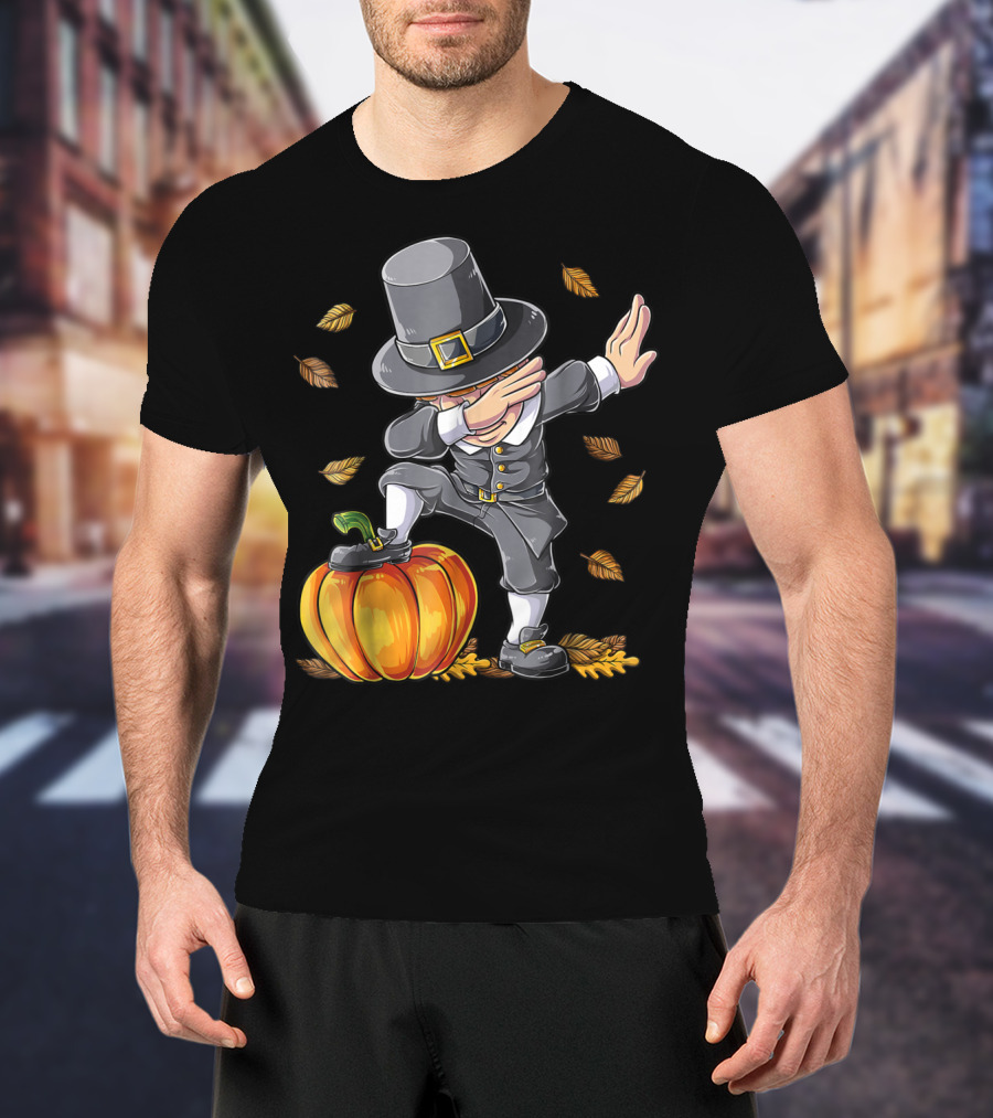 Thanksgiving Pilgrim Dabbing Kid With Pumpkin And Autumn Leaves T-Shirt