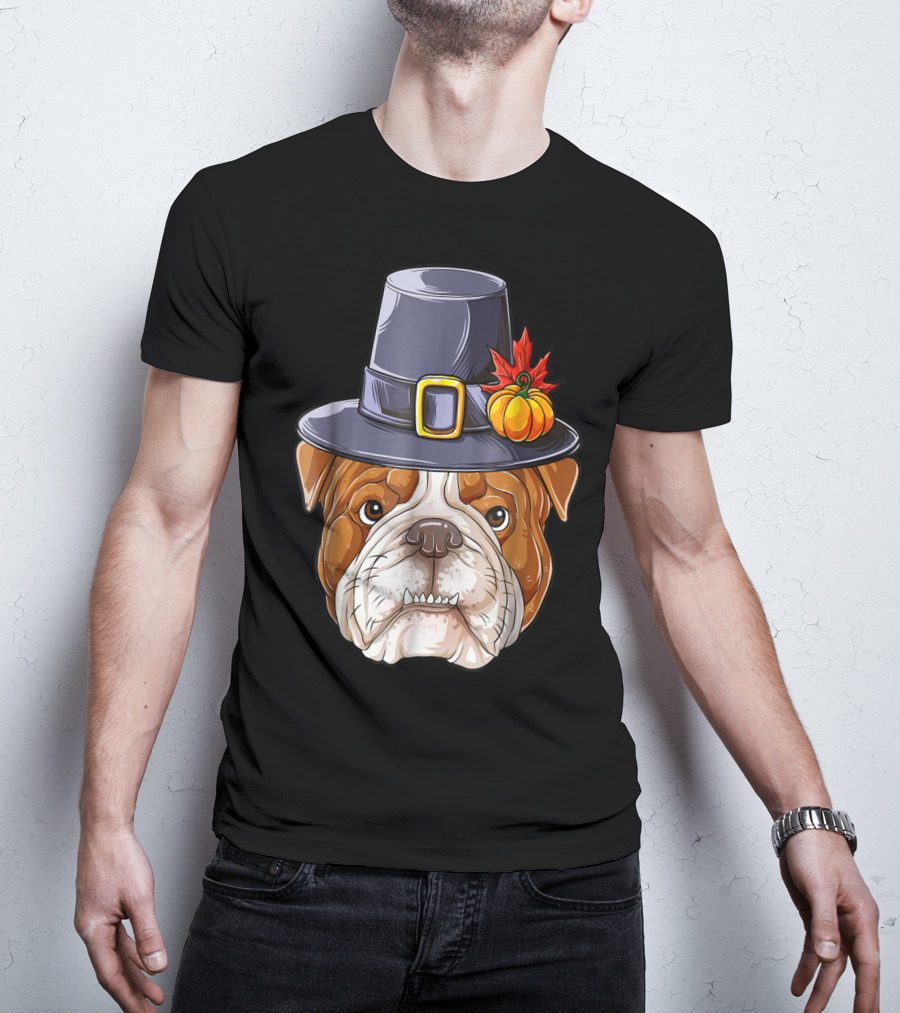 Thanksgiving Kids English Bulldog Pilgrim Hat Pumpkin Maple Leaf T-Shirt