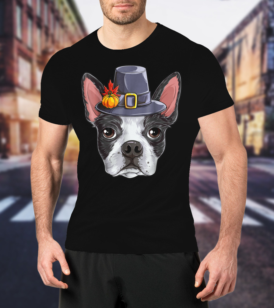 Thanksgiving Boston Terrier Pilgrim Hat Pumpkin T-Shirt