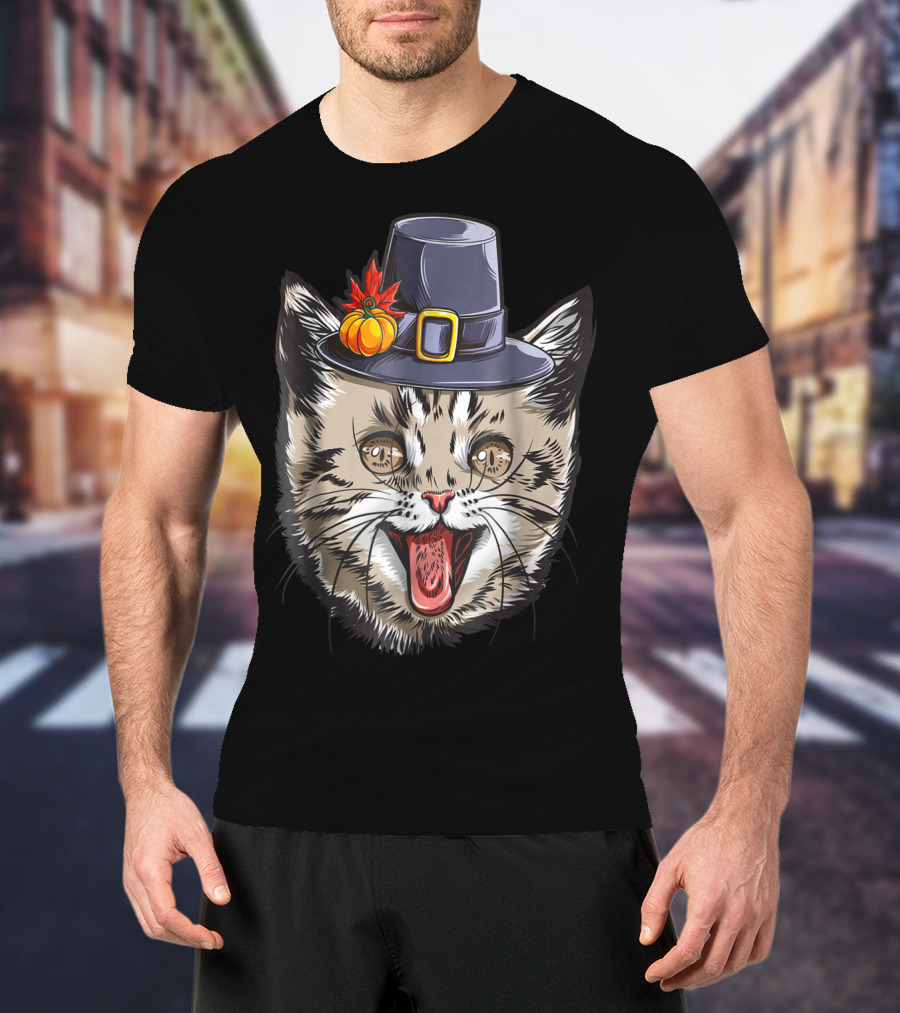 Thanksgiving Cat Pilgrim With Pumpkin Hat IY T-Shirt