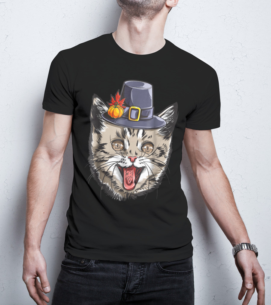 Thanksgiving Cat Pilgrim With Pumpkin Hat IY T-Shirt