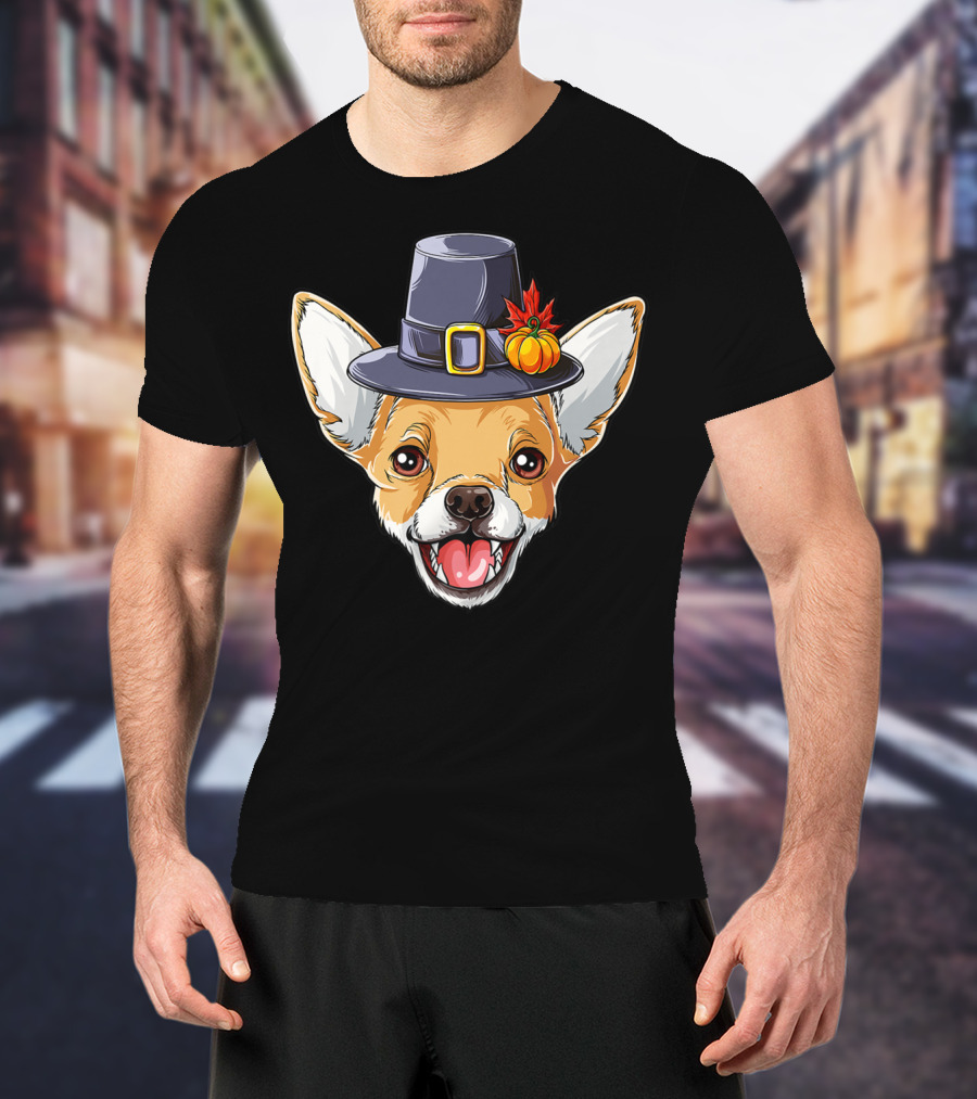 Pilgrim Hat Chihuahua With Thanksgiving Pumpkin And Leaf T-Shirt
