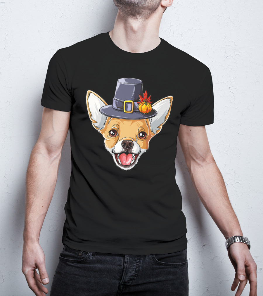 Pilgrim Hat Chihuahua With Thanksgiving Pumpkin And Leaf T-Shirt
