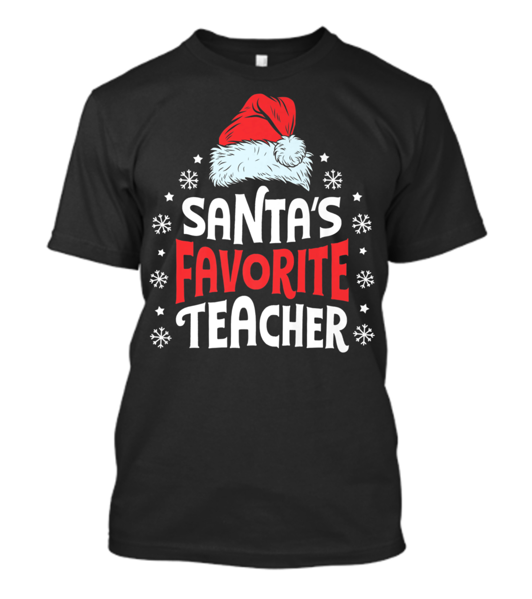 Santa's Favorite Teacher Christmas Women Funny Santa Hat Snowflakes T-Shirt