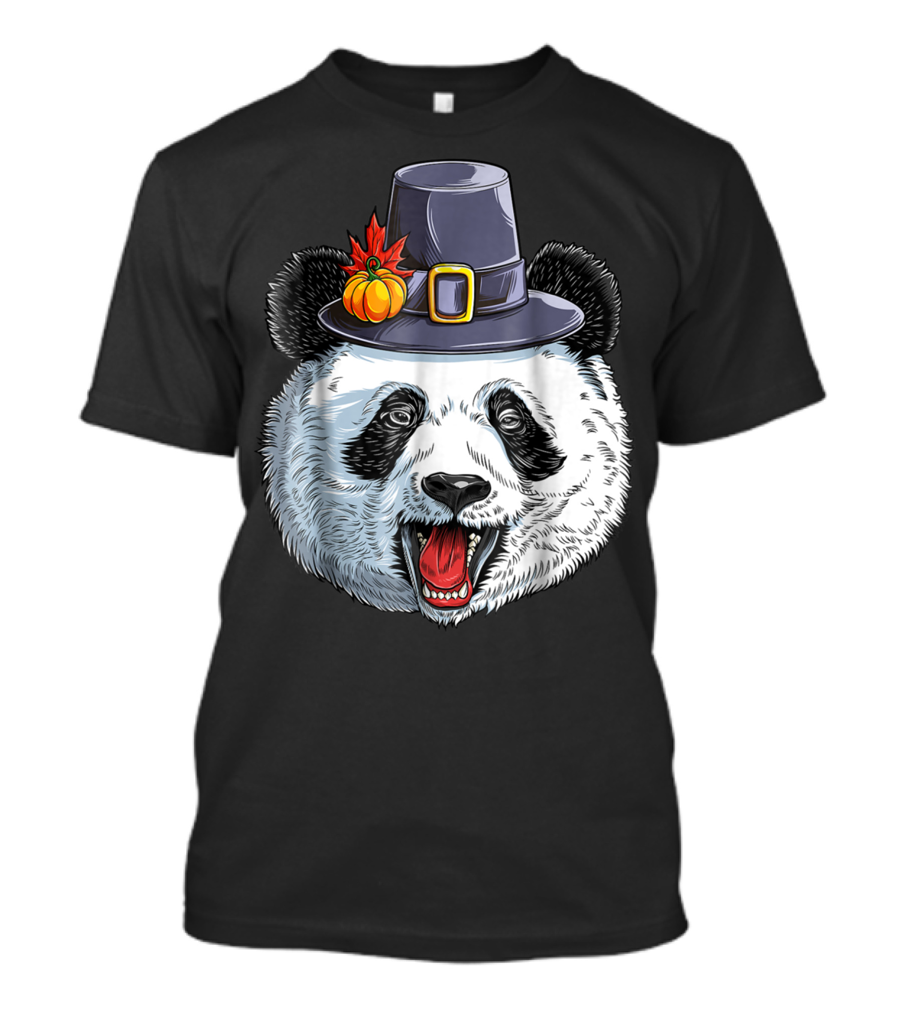 Thanksgiving Panda In Pilgrim Hat With Pumpkin And Leaves T-Shirt
