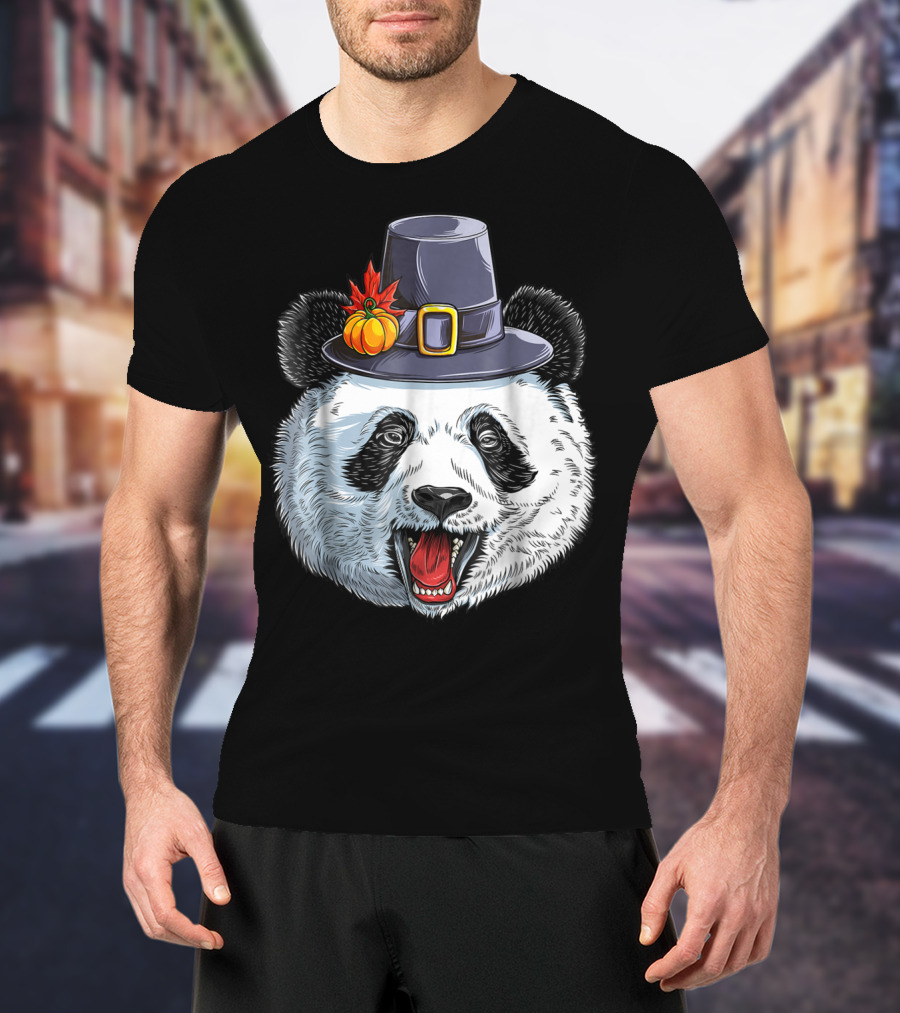 Thanksgiving Panda In Pilgrim Hat With Pumpkin And Leaves T-Shirt