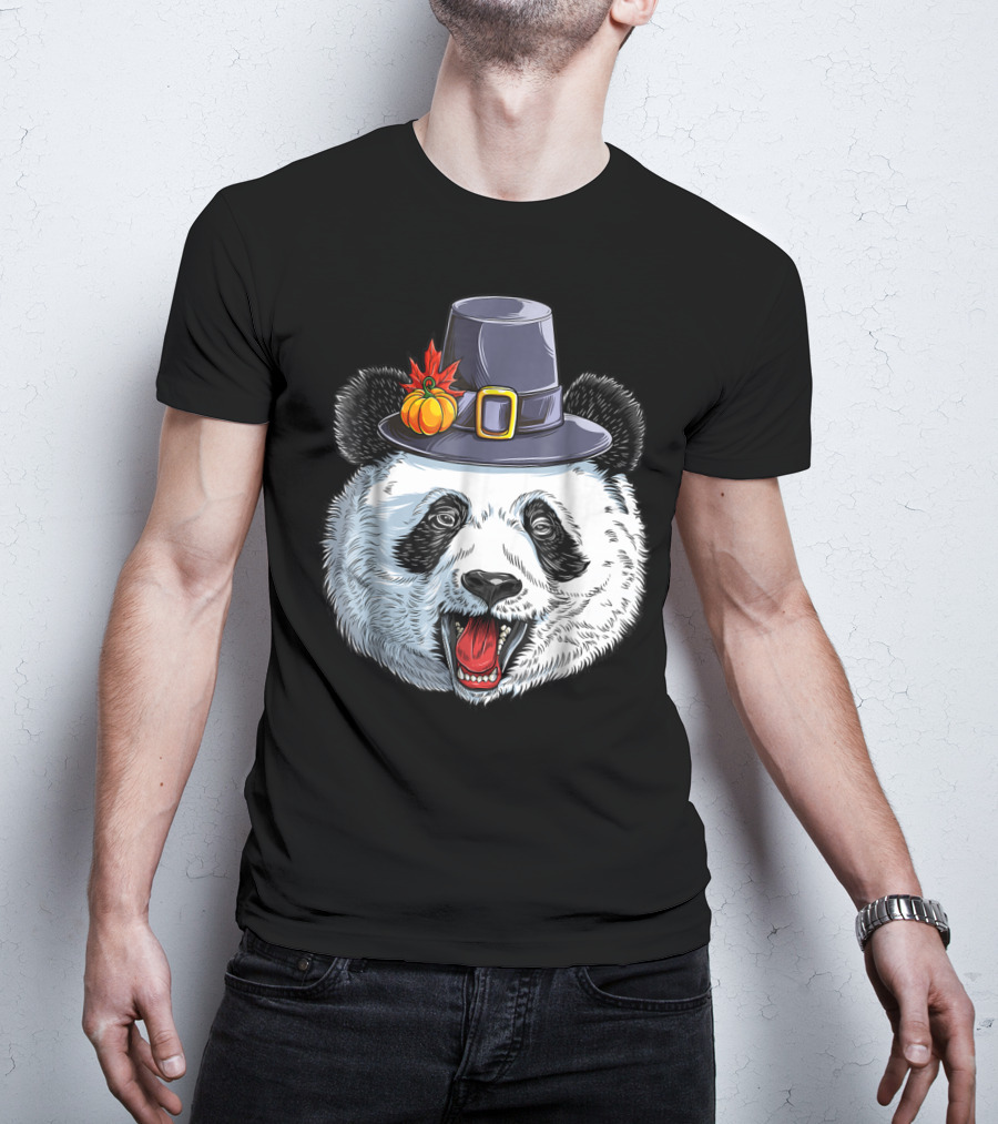 Thanksgiving Panda In Pilgrim Hat With Pumpkin And Leaves T-Shirt