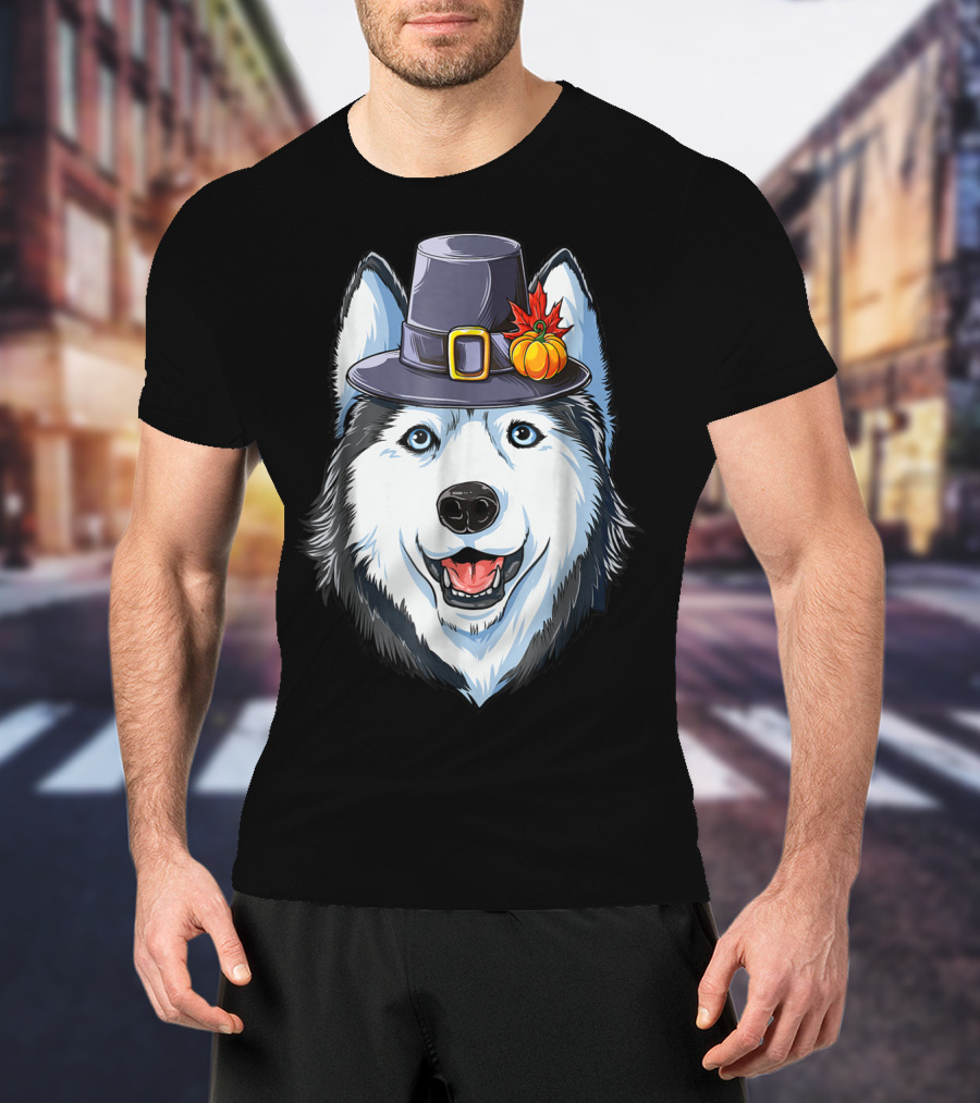 Thanksgiving Pilgrim Hat Siberian Husky With Pumpkin And Maple Leaf T-Shirt