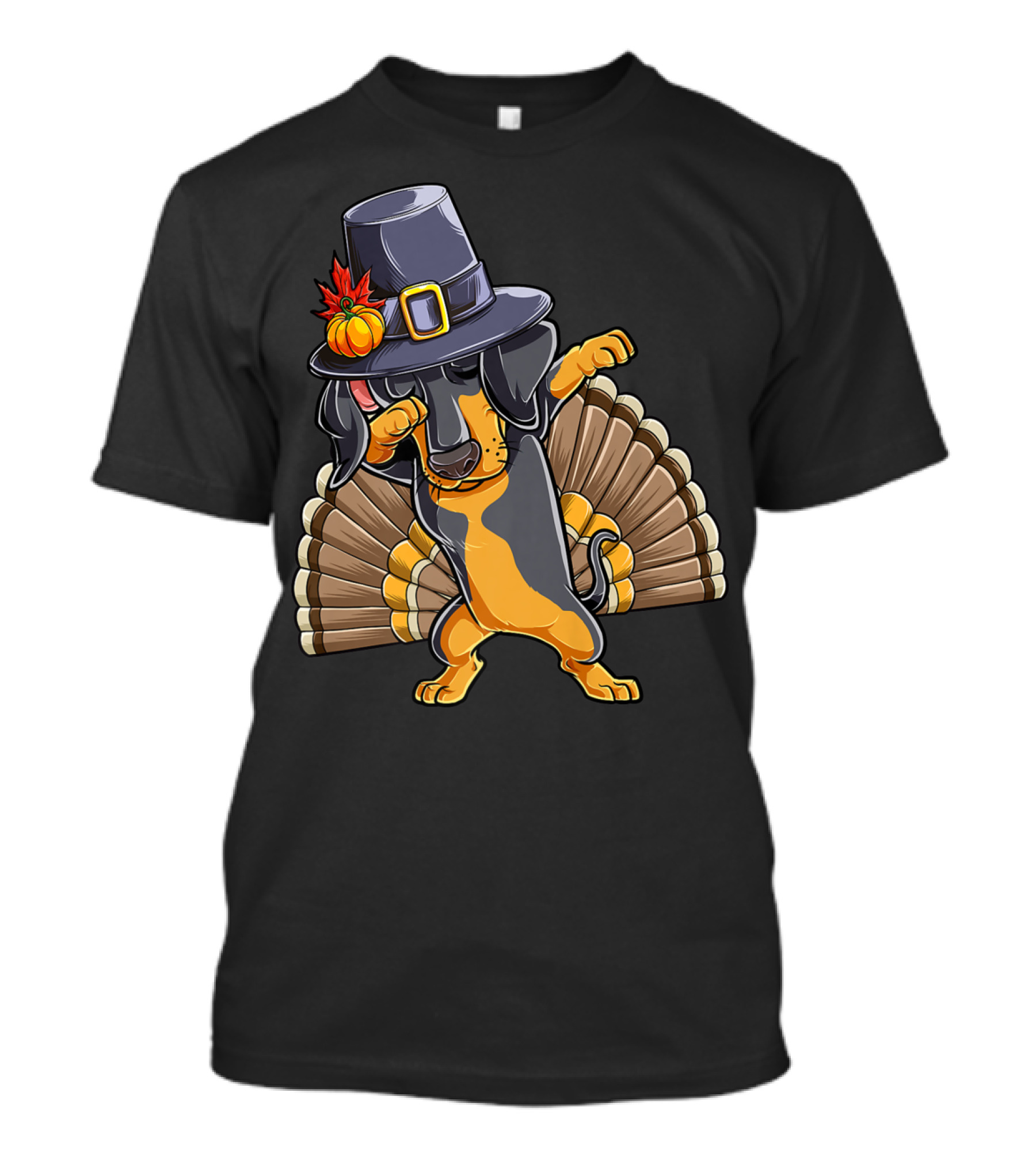 Thanksgiving Dabbing Dachshund Pilgrim Hat Turkey Tail T-Shirt