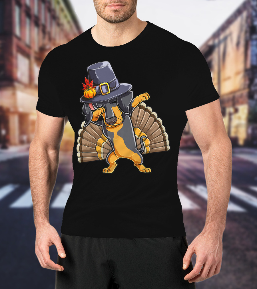 Thanksgiving Dabbing Dachshund Pilgrim Hat Turkey Tail T-Shirt