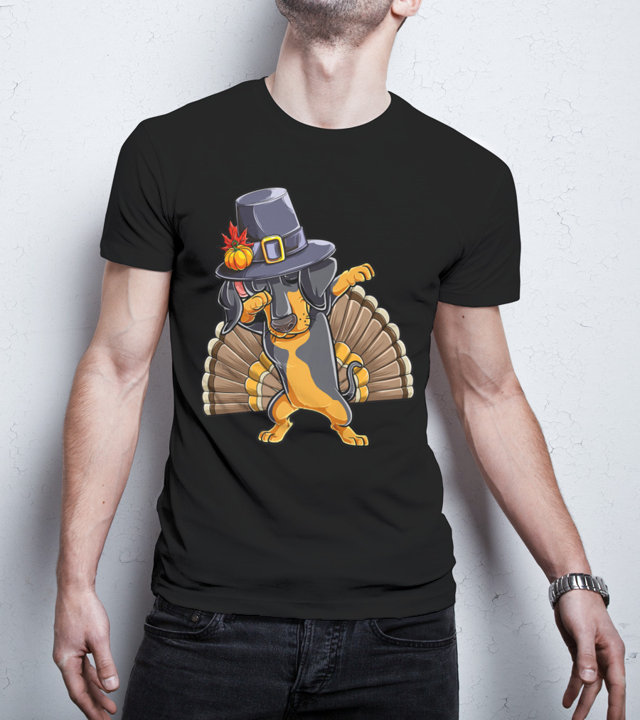 Thanksgiving Dabbing Dachshund Pilgrim Hat Turkey Tail T-Shirt