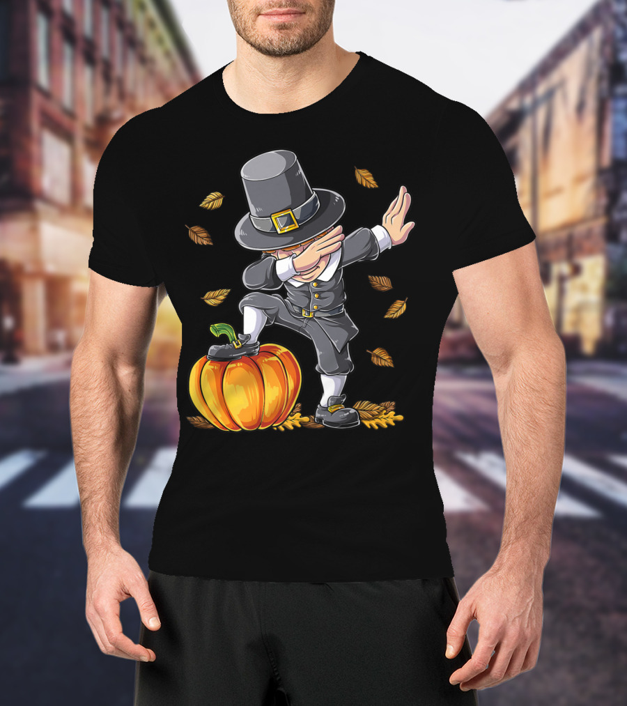Thanksgiving Dabbing Pilgrim Boy Pumpkin Autumn Leaves T-Shirt