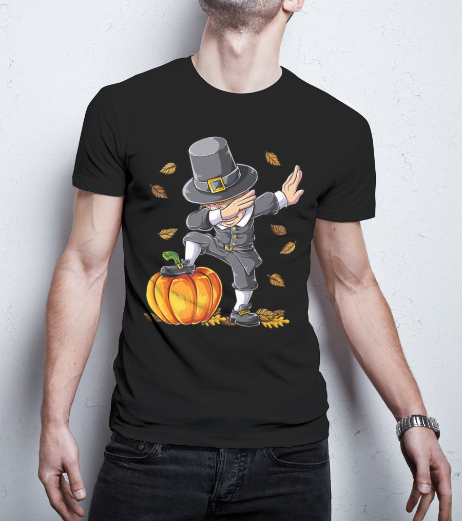 Thanksgiving Dabbing Pilgrim Boy Pumpkin Autumn Leaves T-Shirt