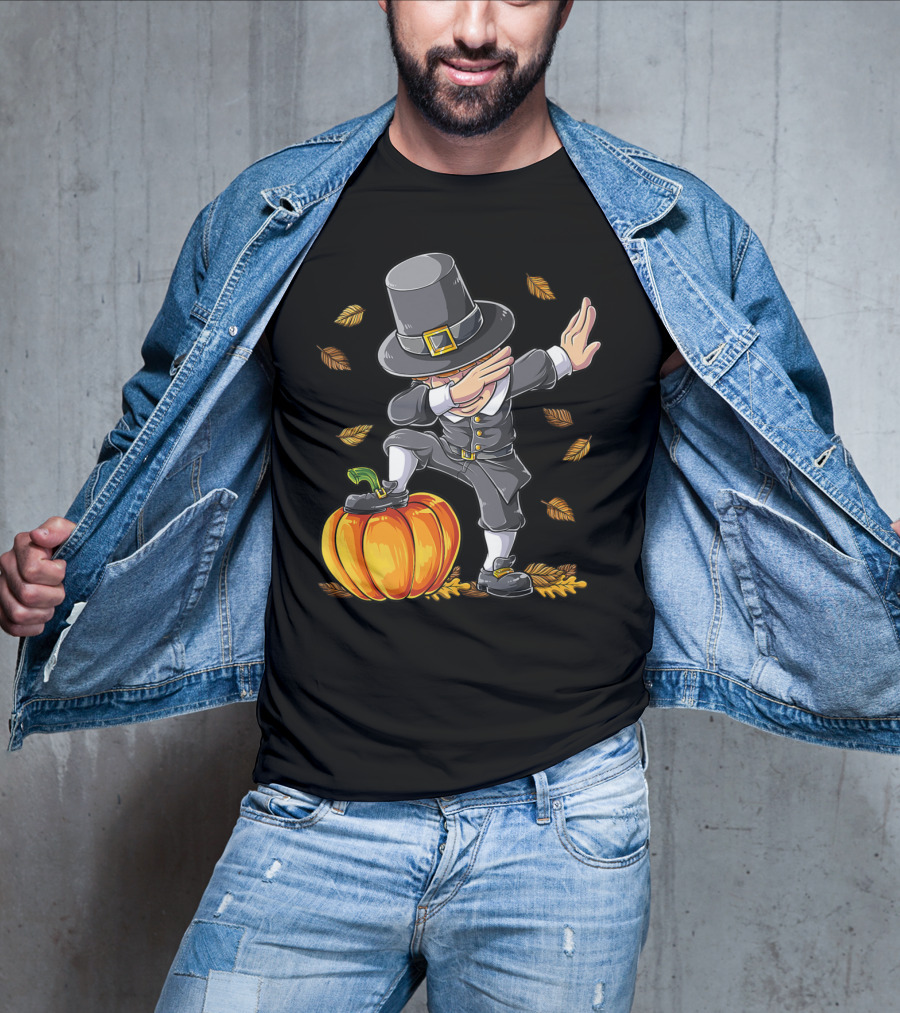 Thanksgiving Dabbing Pilgrim Boy Pumpkin Autumn Leaves T-Shirt