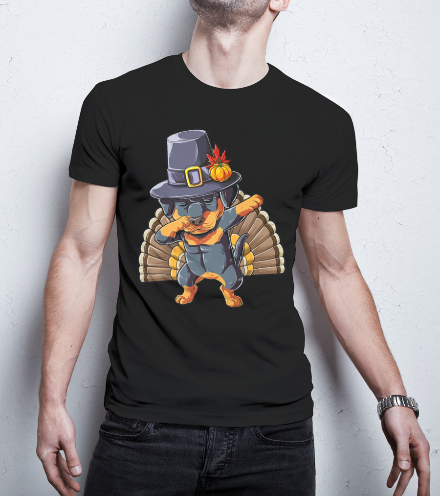 Thanksgiving Dabbing Rottweiler In Pilgrim Hat With Turkey Feathers T-Shirt