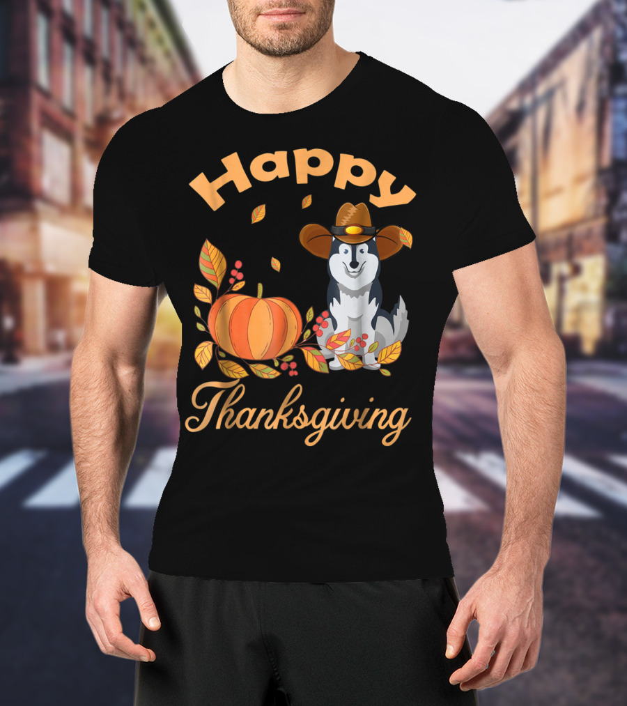 Happy Thanksgiving Siberian Husky With Pumpkin And Fall Leaves T-Shirt