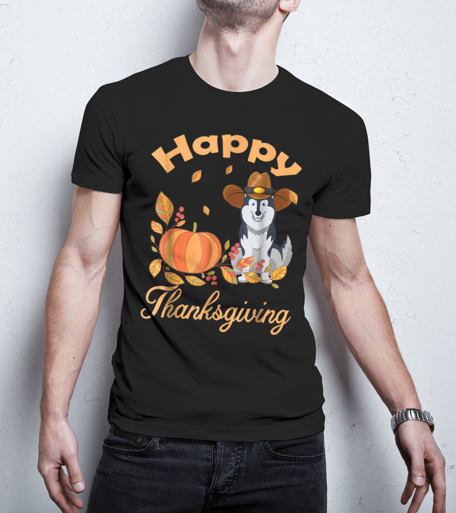 Happy Thanksgiving Siberian Husky With Pumpkin And Fall Leaves T-Shirt