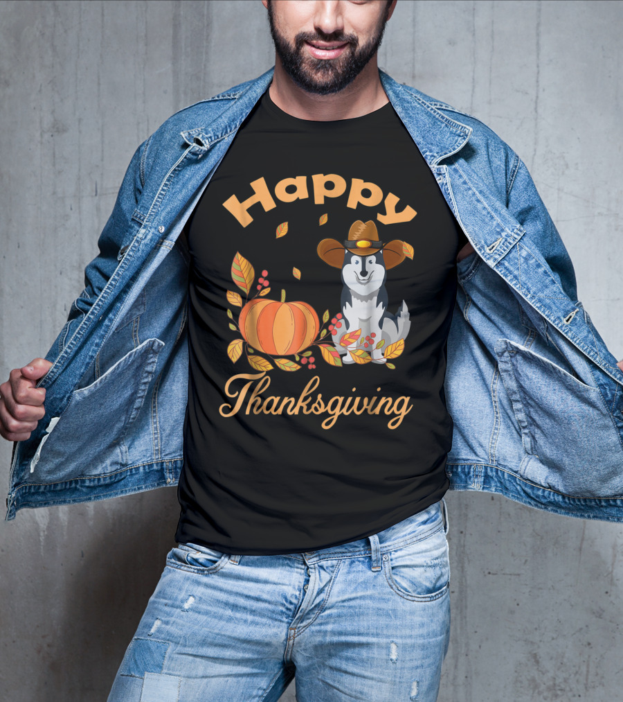 Happy Thanksgiving Siberian Husky With Pumpkin And Fall Leaves T-Shirt