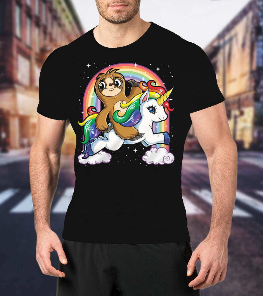 Sloth Riding Unicorn Rainbow Slothicorn Women Kids Fun T-Shirt