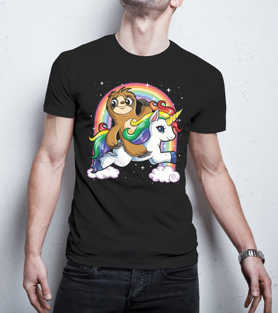 Sloth Riding Unicorn Rainbow Slothicorn Women Kids Fun T-Shirt