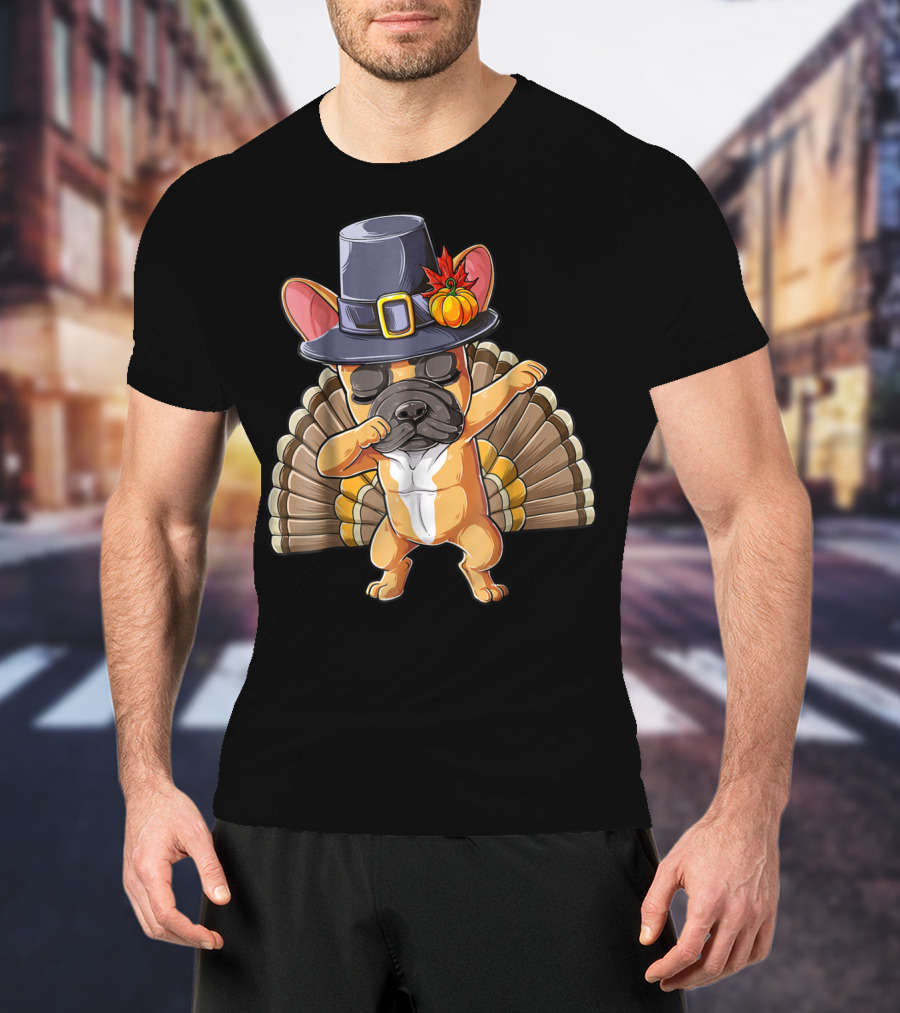 Thanksgiving Dabbing French Bulldog Pilgrim Hat Turkey Tail T-Shirt