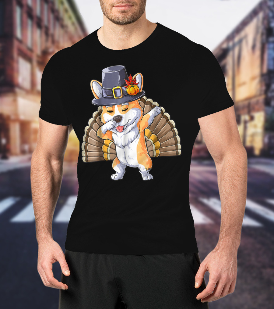 Thanksgiving Pilgrim Corgi Dabbing With Turkey Feathers T-Shirt